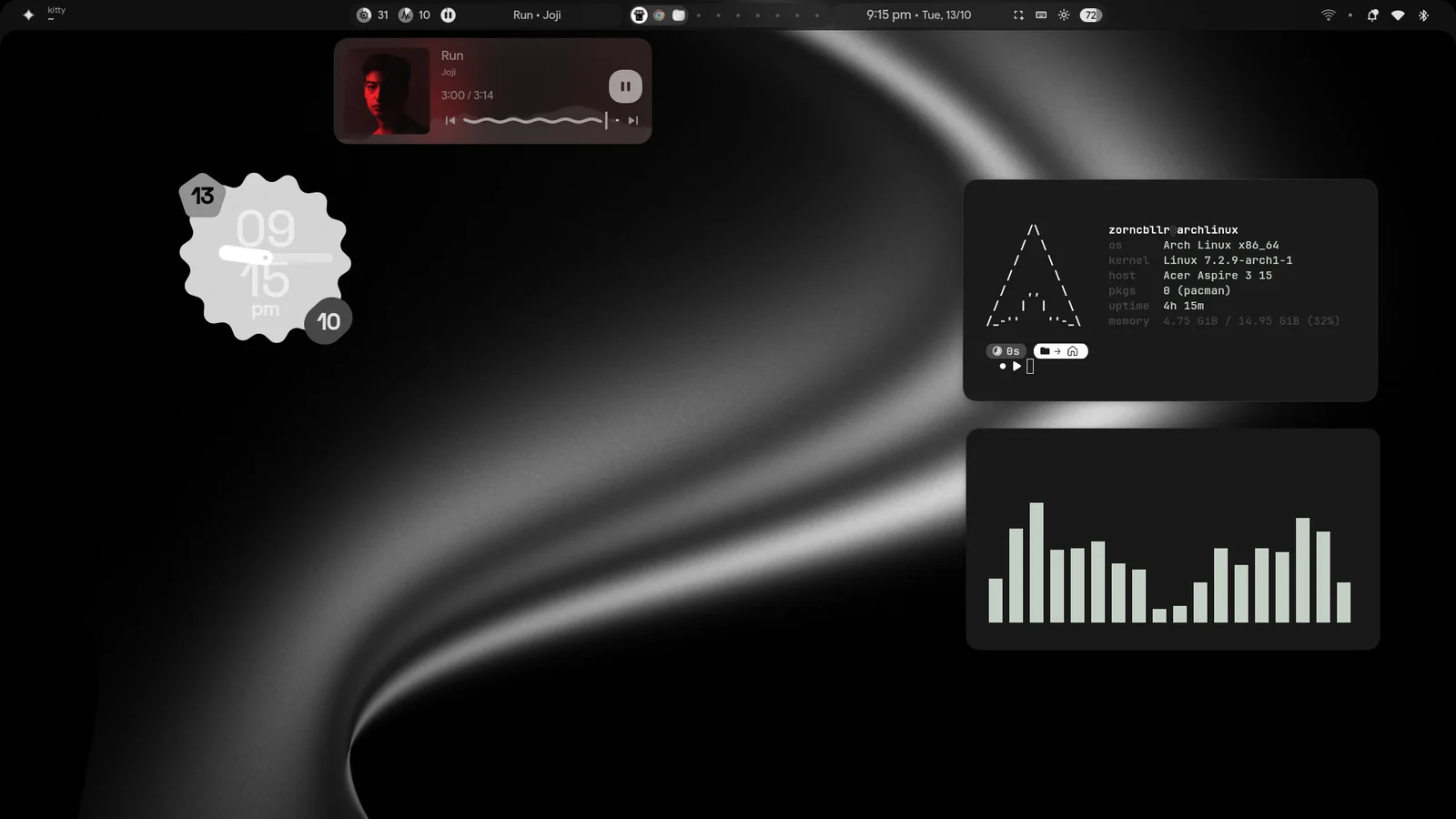 The desktop: top bar, media card, cookie clock, fastfetch and audio visualiser widgets over a soft light ribbon wallpaper