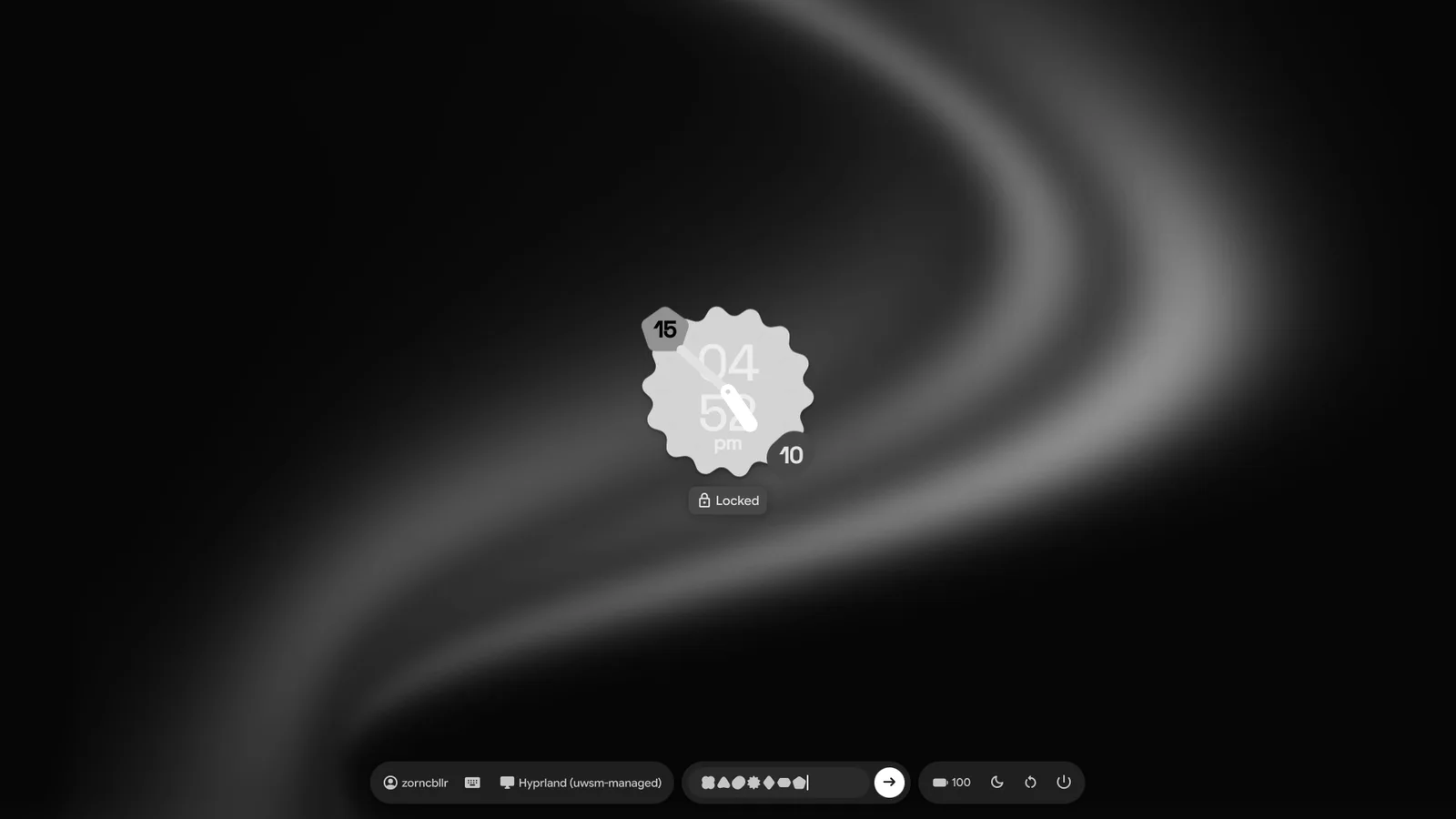 The SDDM login screen: blurred wallpaper, cookie clock, Locked pill and three islands with the password field showing shapes