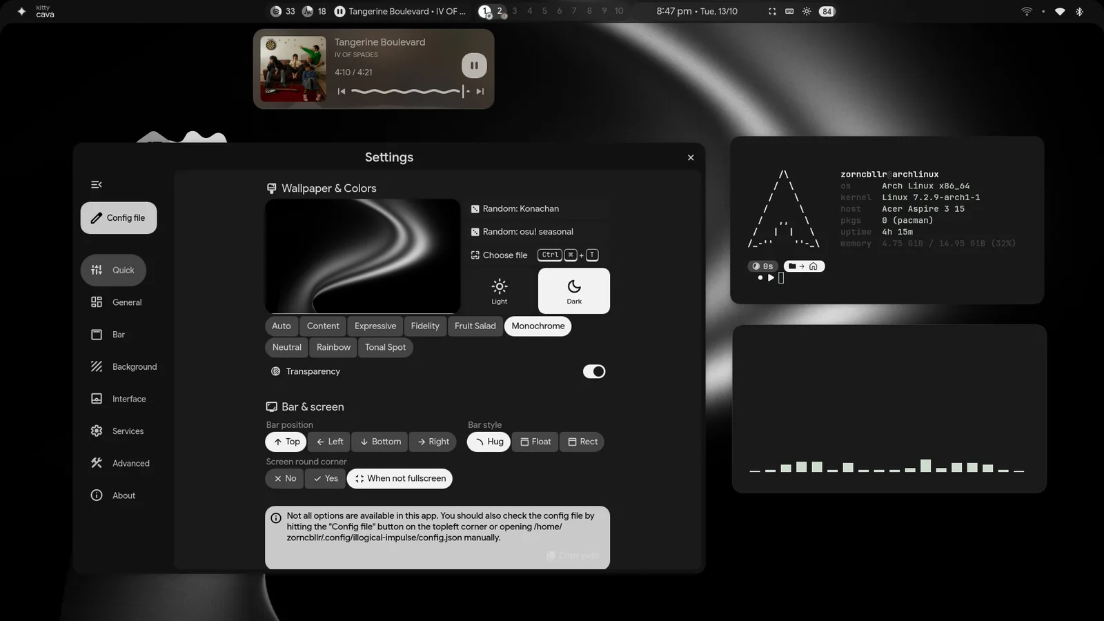 The settings app with wallpaper and colour options, next to the fastfetch and audio visualiser widgets