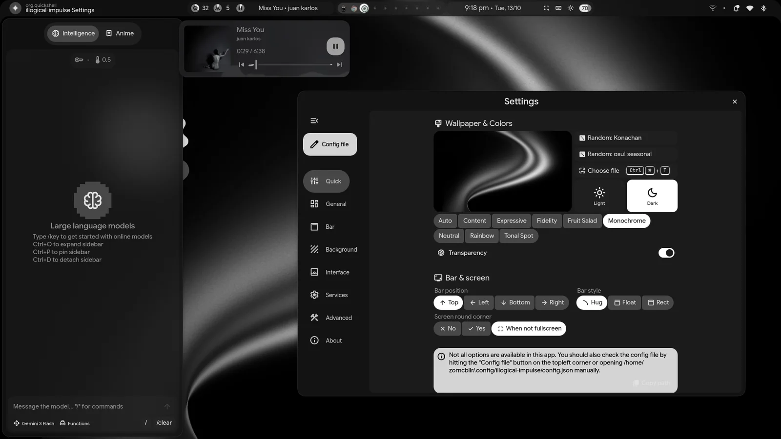 The AI sidebar open on the left with the settings app on the right